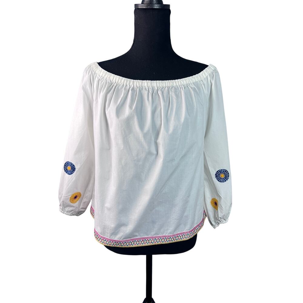 Madewell Embroidered Blouse Women SM White Off Shoulder Boho Top Balloon Sleeve - Picture 2 of 11
